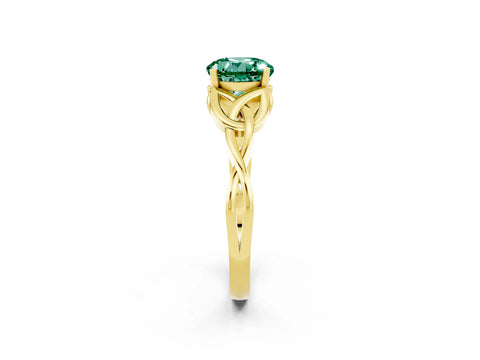 Yellow gold Round Cut Green Sapphire Solitaire Engagement Ring with Celtic Knot Band and Four-Prong Setting_2