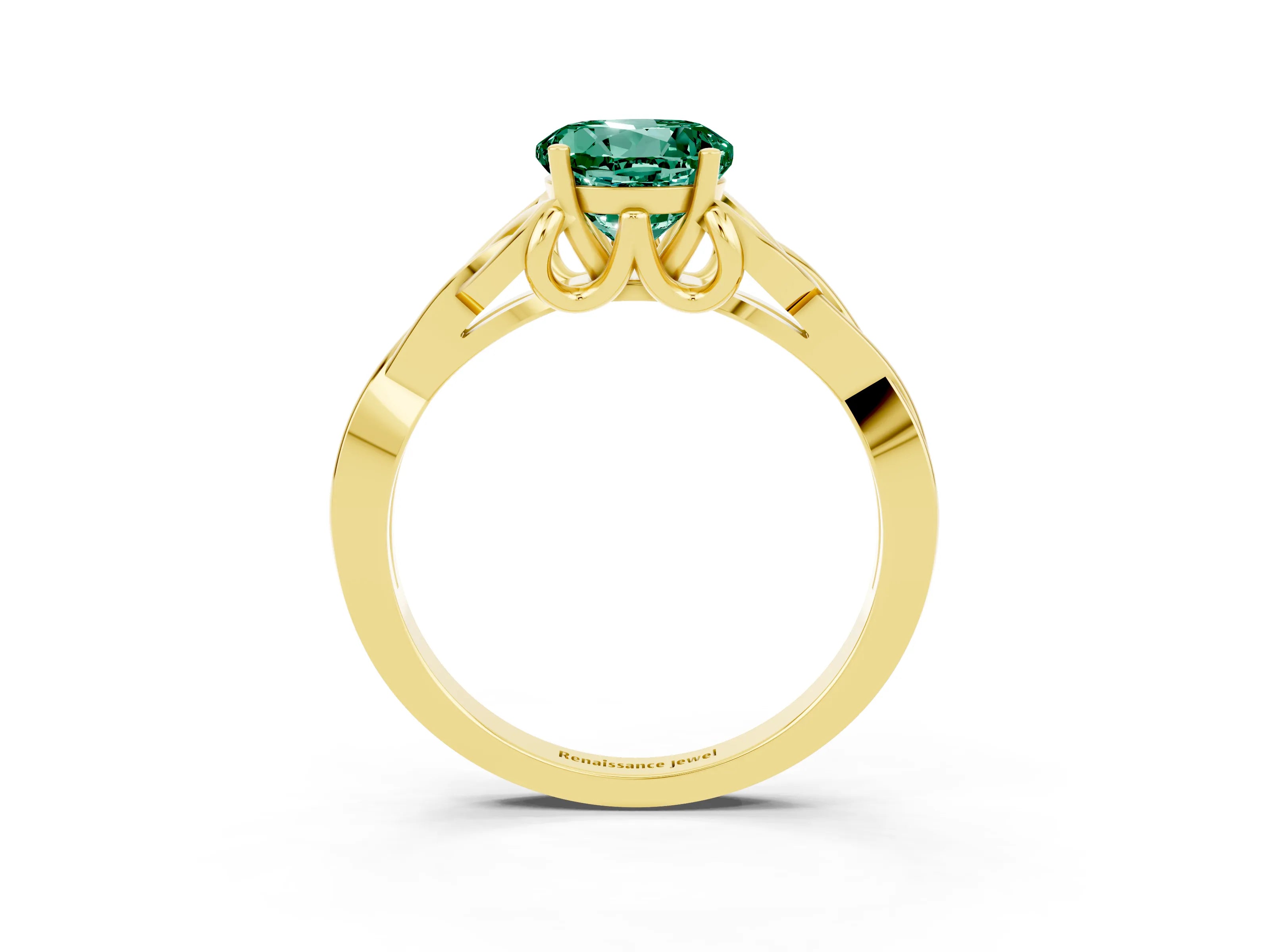 Yellow gold Round Cut Green Sapphire Solitaire Engagement Ring with Celtic Knot Band and Four-Prong Setting_3