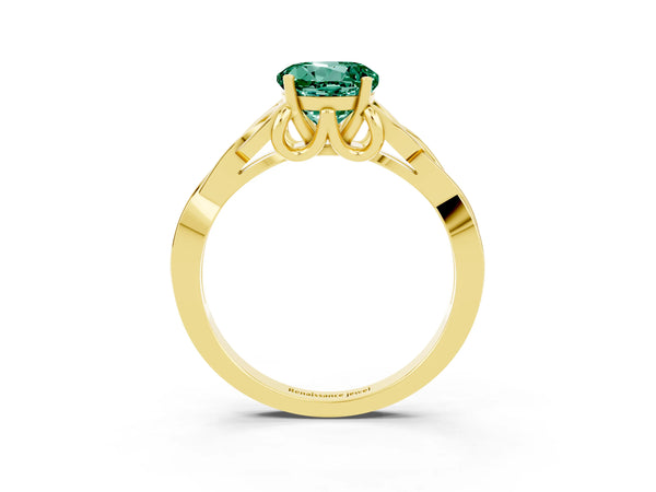 Yellow gold Round Cut Green Sapphire Solitaire Engagement Ring with Celtic Knot Band and Four-Prong Setting