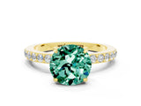 Yellow gold Round Cut Green Sapphire Solitaire Engagement Ring with Pavé Band and Four-Prong Setting