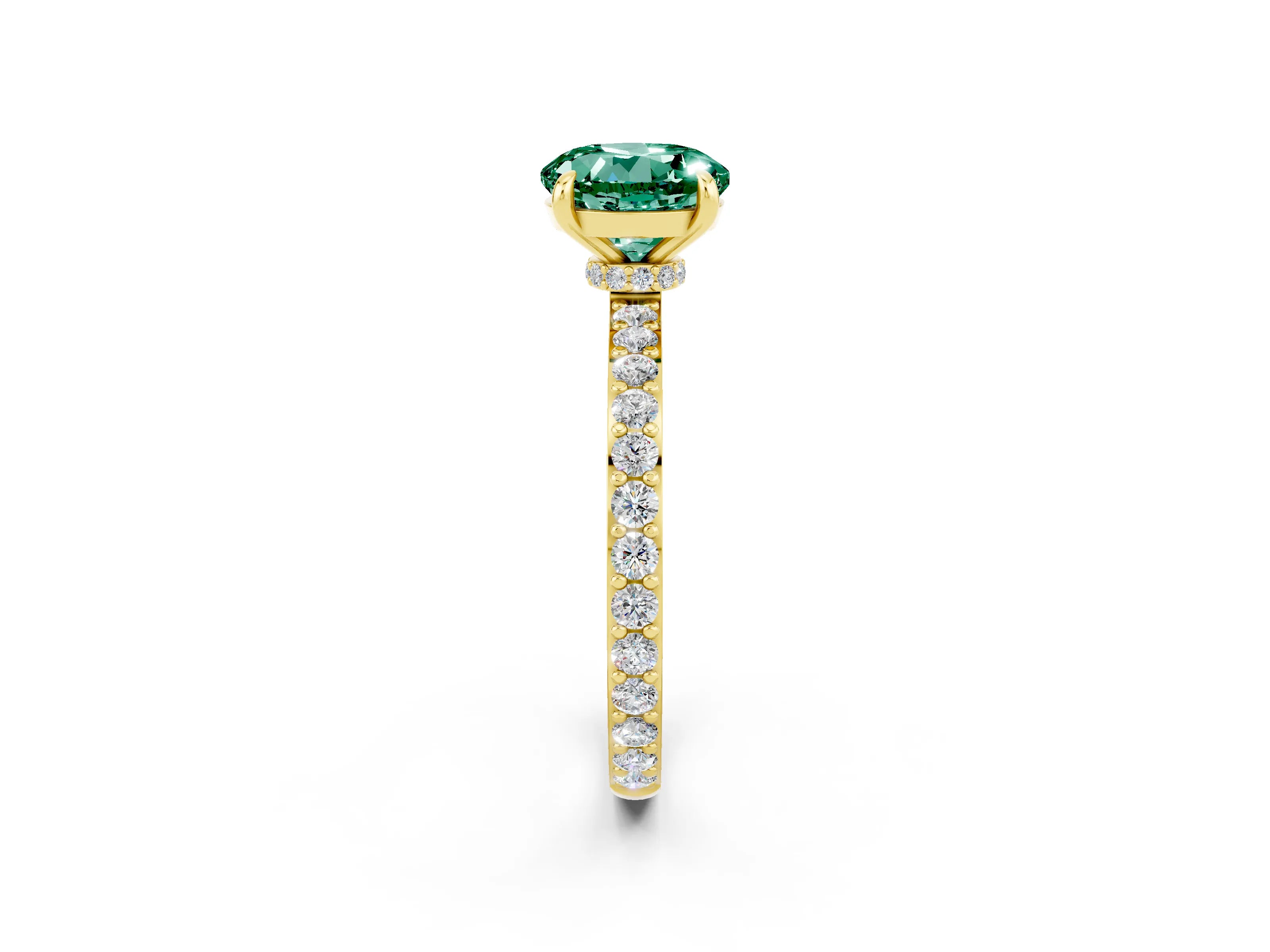 Yellow gold Round Cut Green Sapphire Solitaire Engagement Ring with Pavé Band and Four-Prong Setting_2