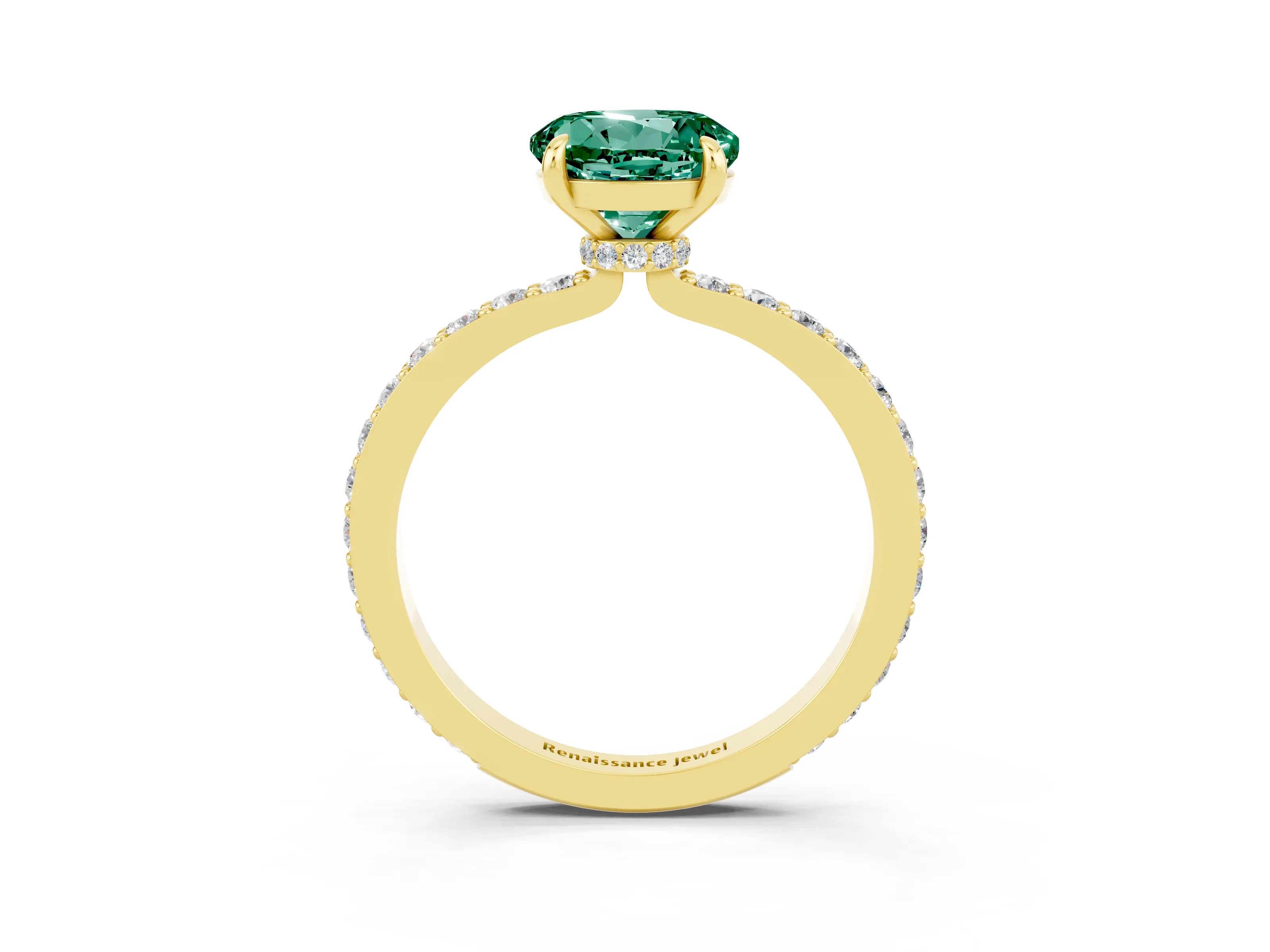 Yellow gold Round Cut Green Sapphire Solitaire Engagement Ring with Pavé Band and Four-Prong Setting_3