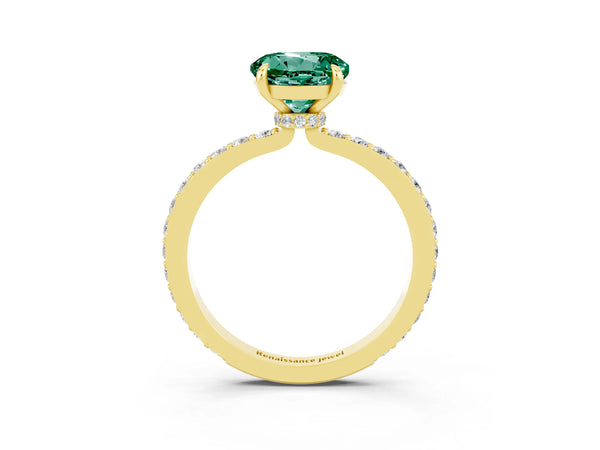 Yellow gold Round Cut Green Sapphire Solitaire Engagement Ring with Pavé Band and Four-Prong Setting