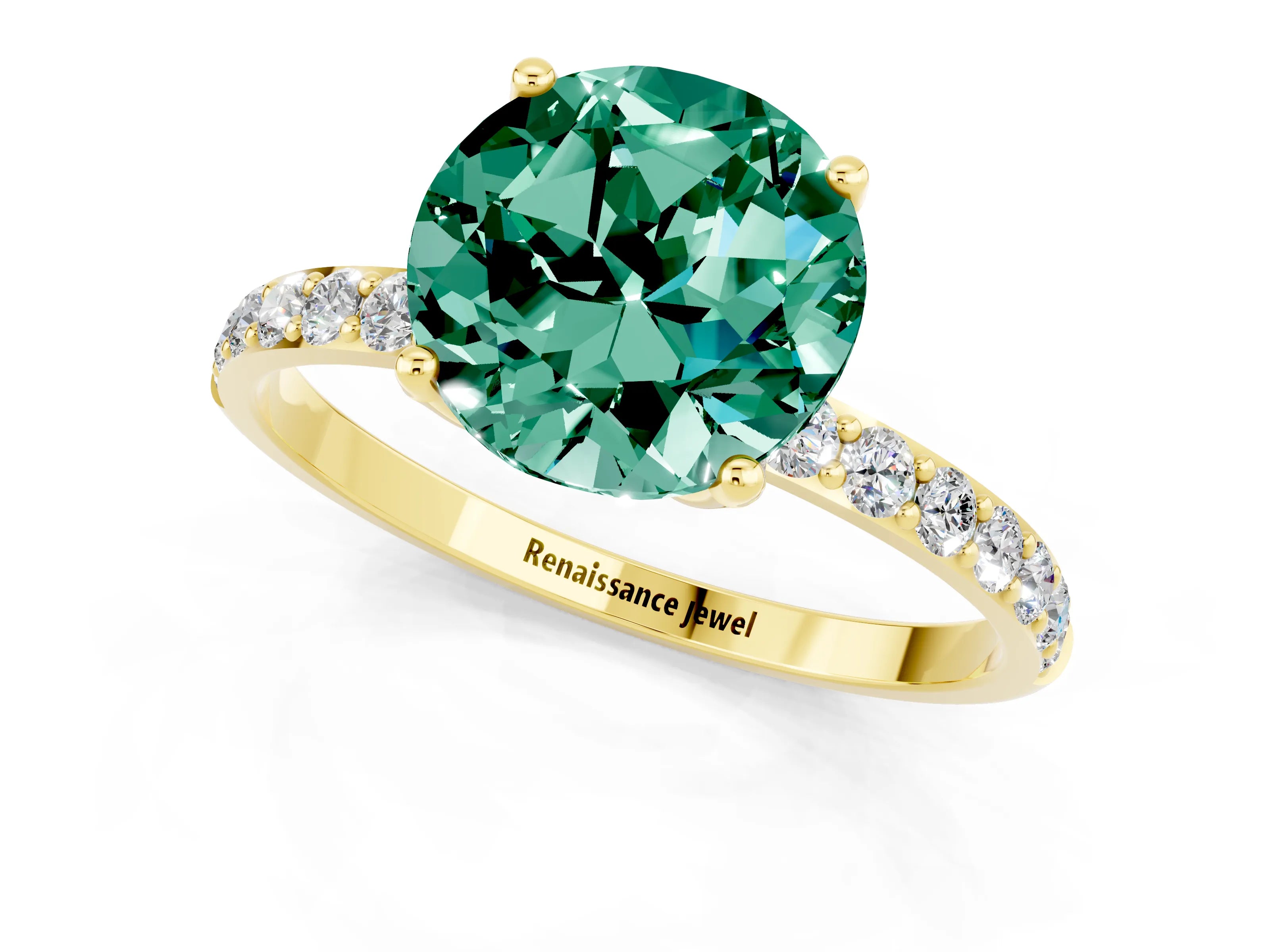 Yellow gold Round Cut Green Sapphire Solitaire Engagement Ring with Pavé Band and Prong Setting_1