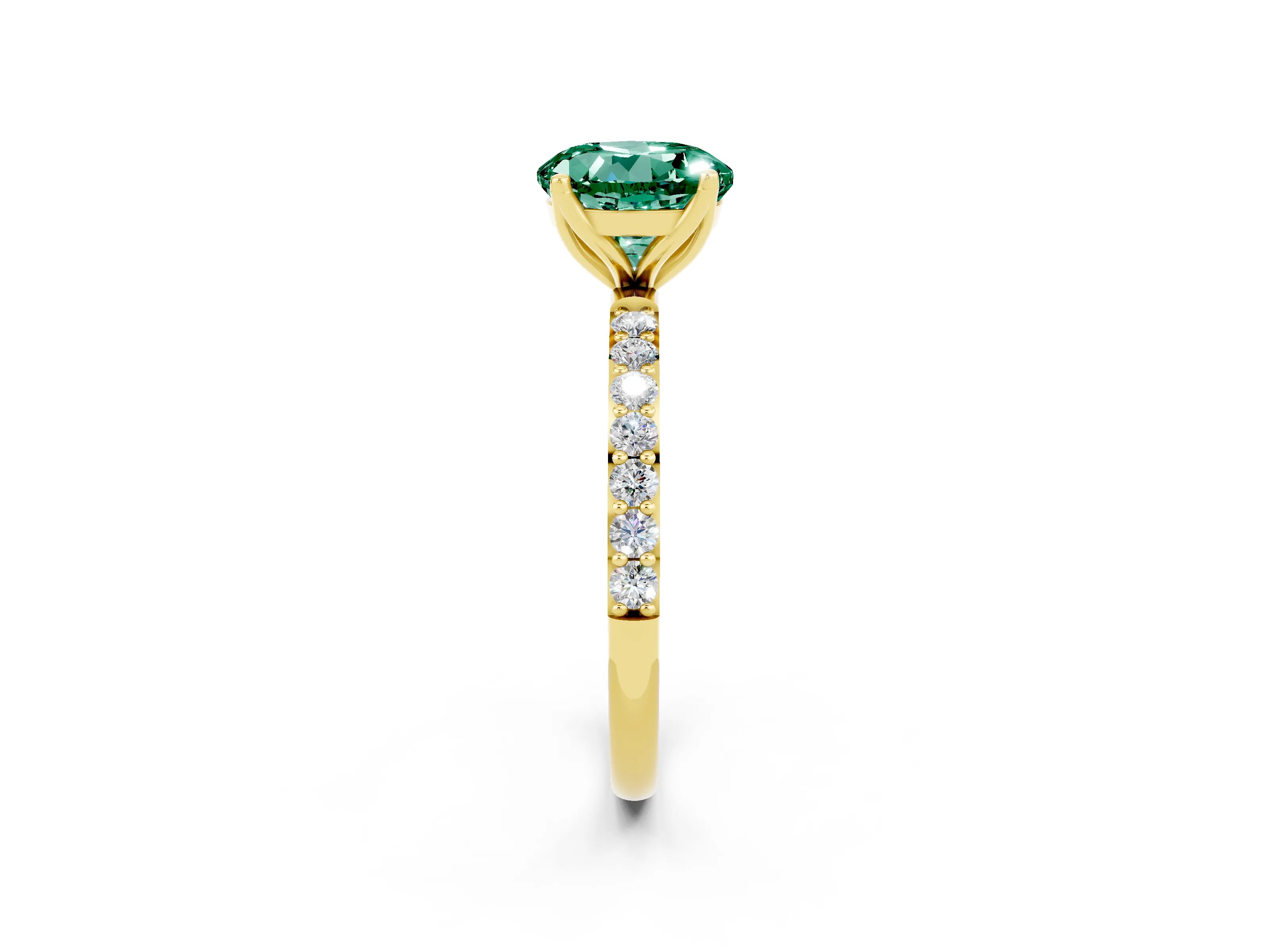 Yellow gold Round Cut Green Sapphire Solitaire Engagement Ring with Pavé Band and Prong Setting_2