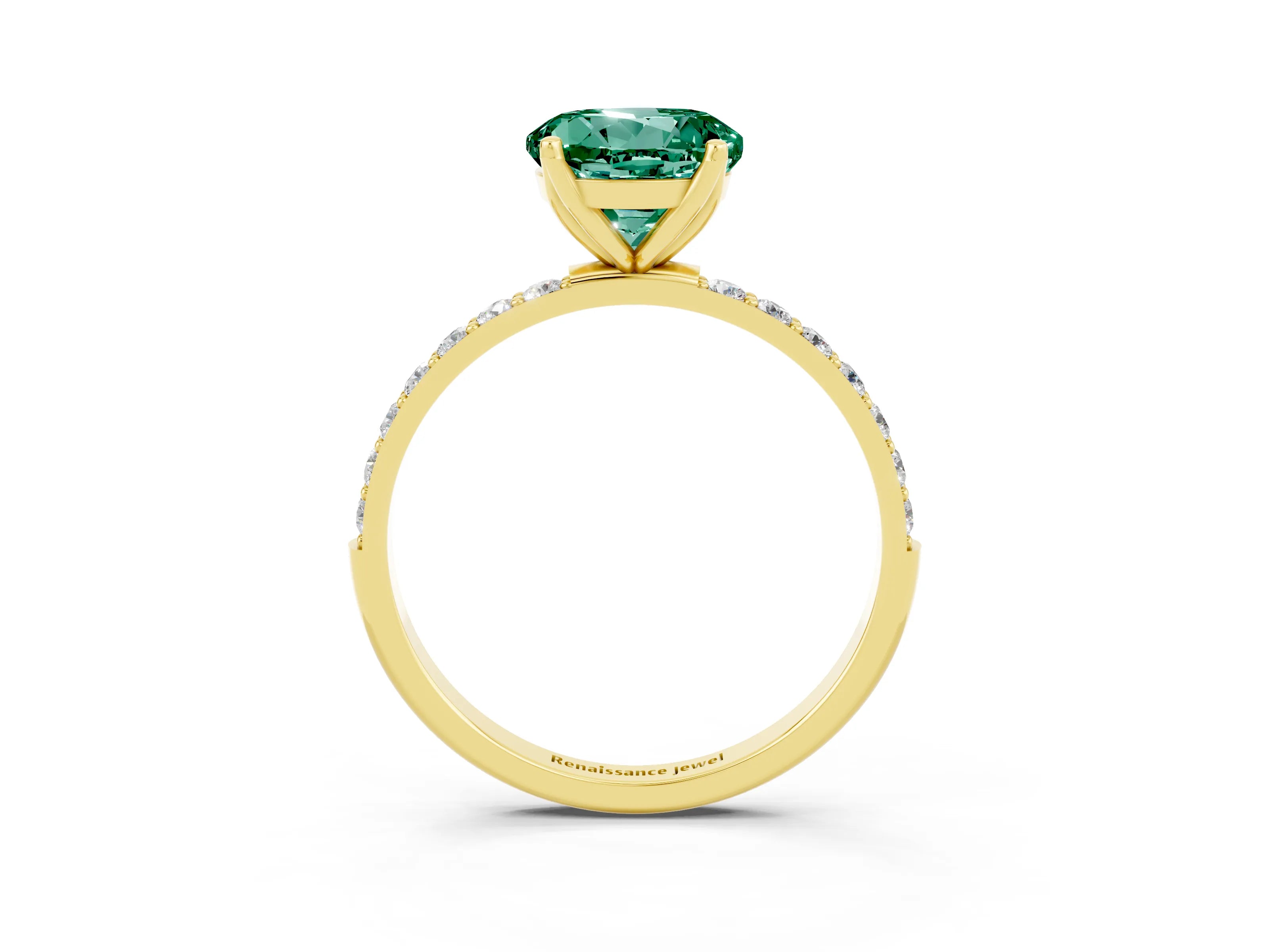 Yellow gold Round Cut Green Sapphire Solitaire Engagement Ring with Pavé Band and Prong Setting_3