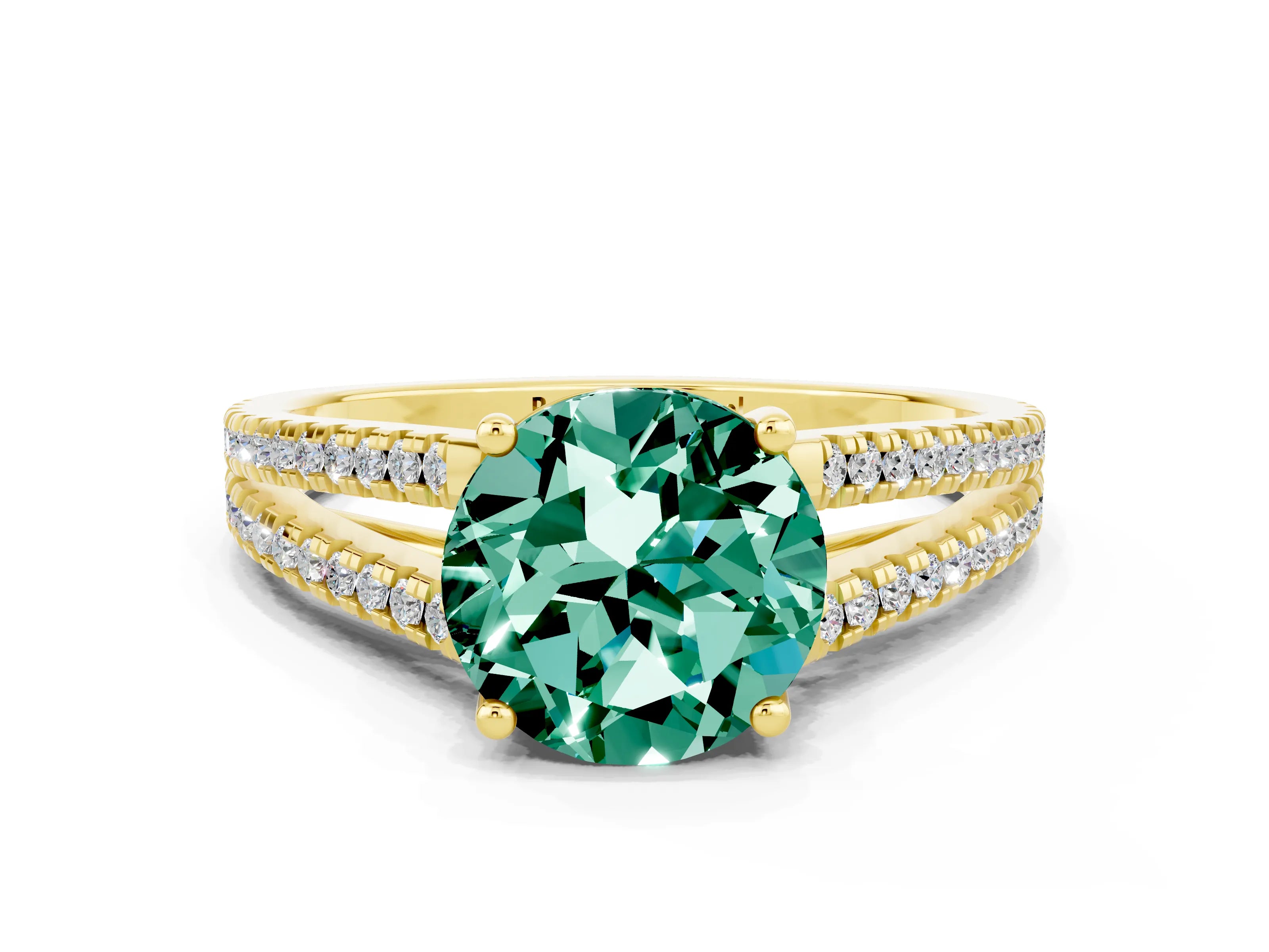 Yellow gold Round Cut Green Sapphire Solitaire Engagement Ring with Split Shank Pavé Band