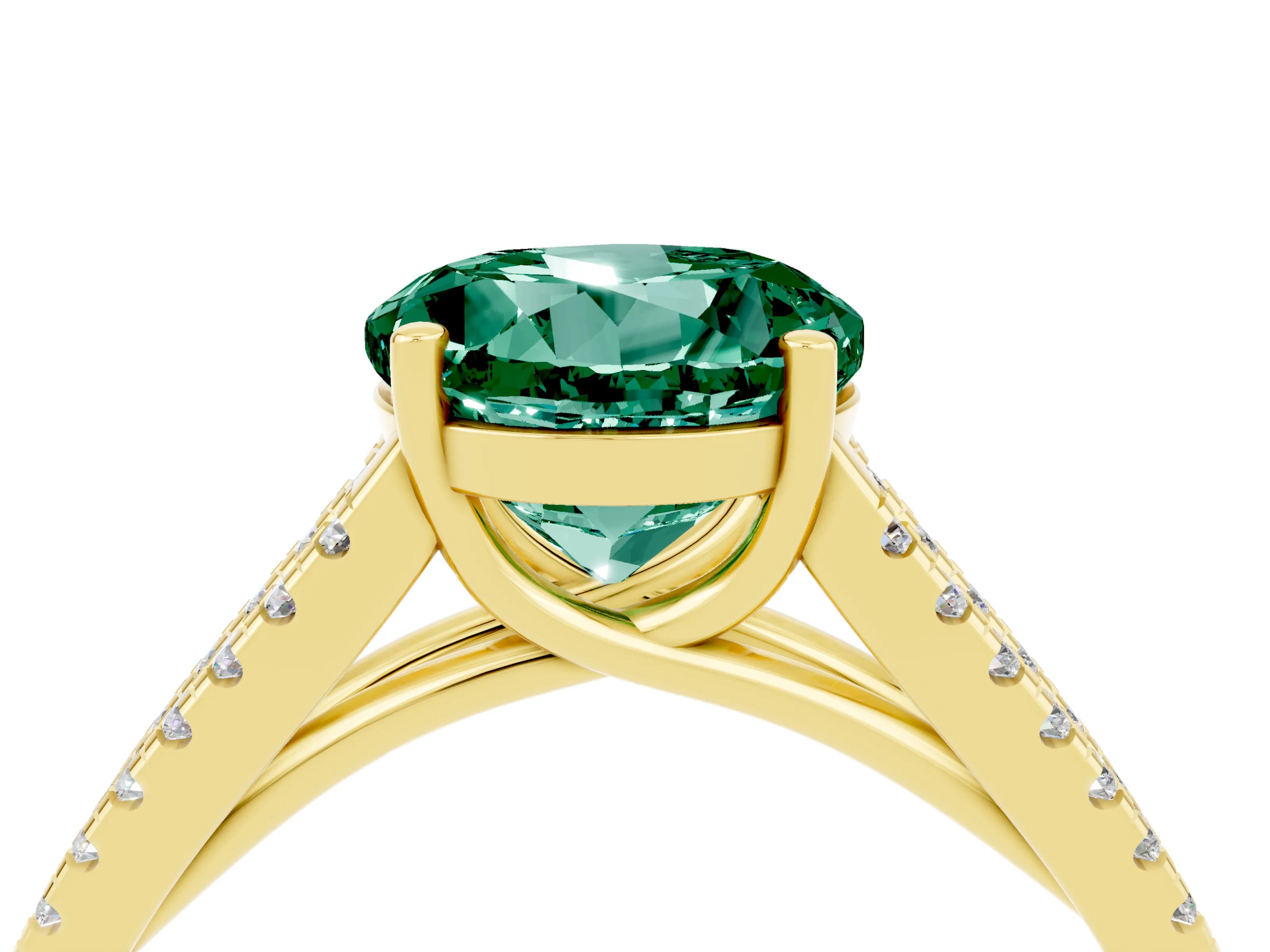 Yellow gold Round Cut Green Sapphire Solitaire Engagement Ring with Split Shank Pavé Band_4