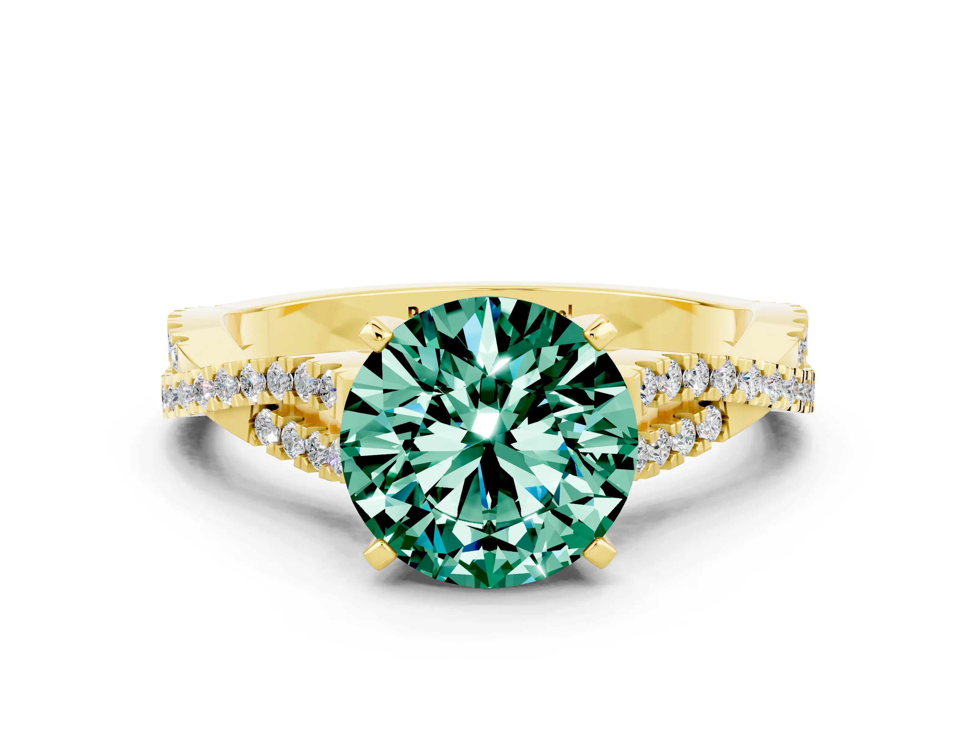 Yellow gold Round Cut Green Sapphire Solitaire Engagement Ring with Twisted Pavé Band and Four-Prong Setting_12