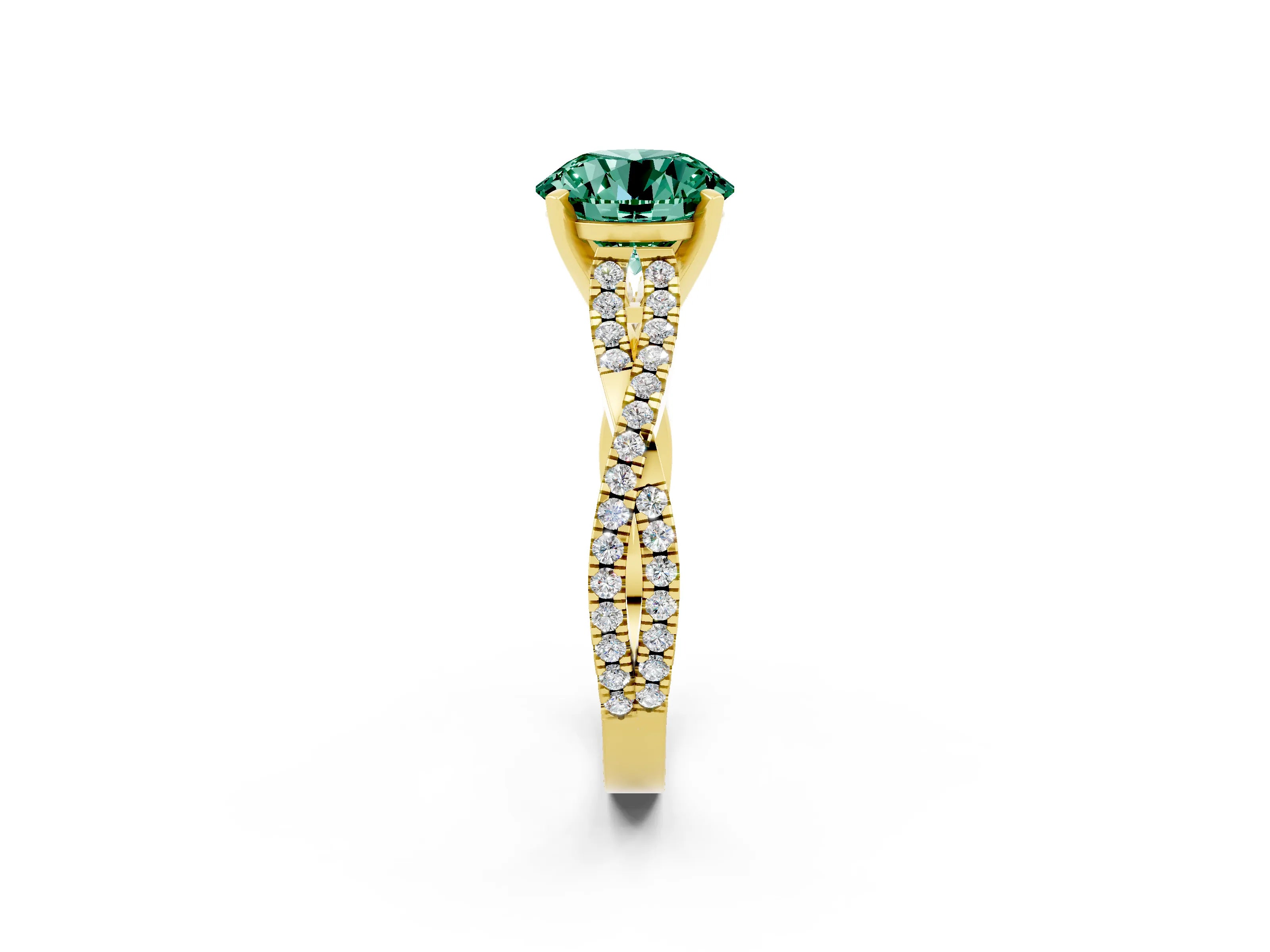 Yellow gold Round Cut Green Sapphire Solitaire Engagement Ring with Twisted Pavé Band and Four-Prong Setting_14