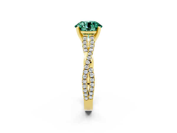 Yellow gold Round Cut Green Sapphire Solitaire Engagement Ring with Twisted Pavé Band and Four-Prong Setting