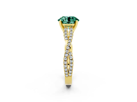 Yellow gold Round Cut Green Sapphire Solitaire Engagement Ring with Twisted Pavé Band and Four-Prong Setting_14