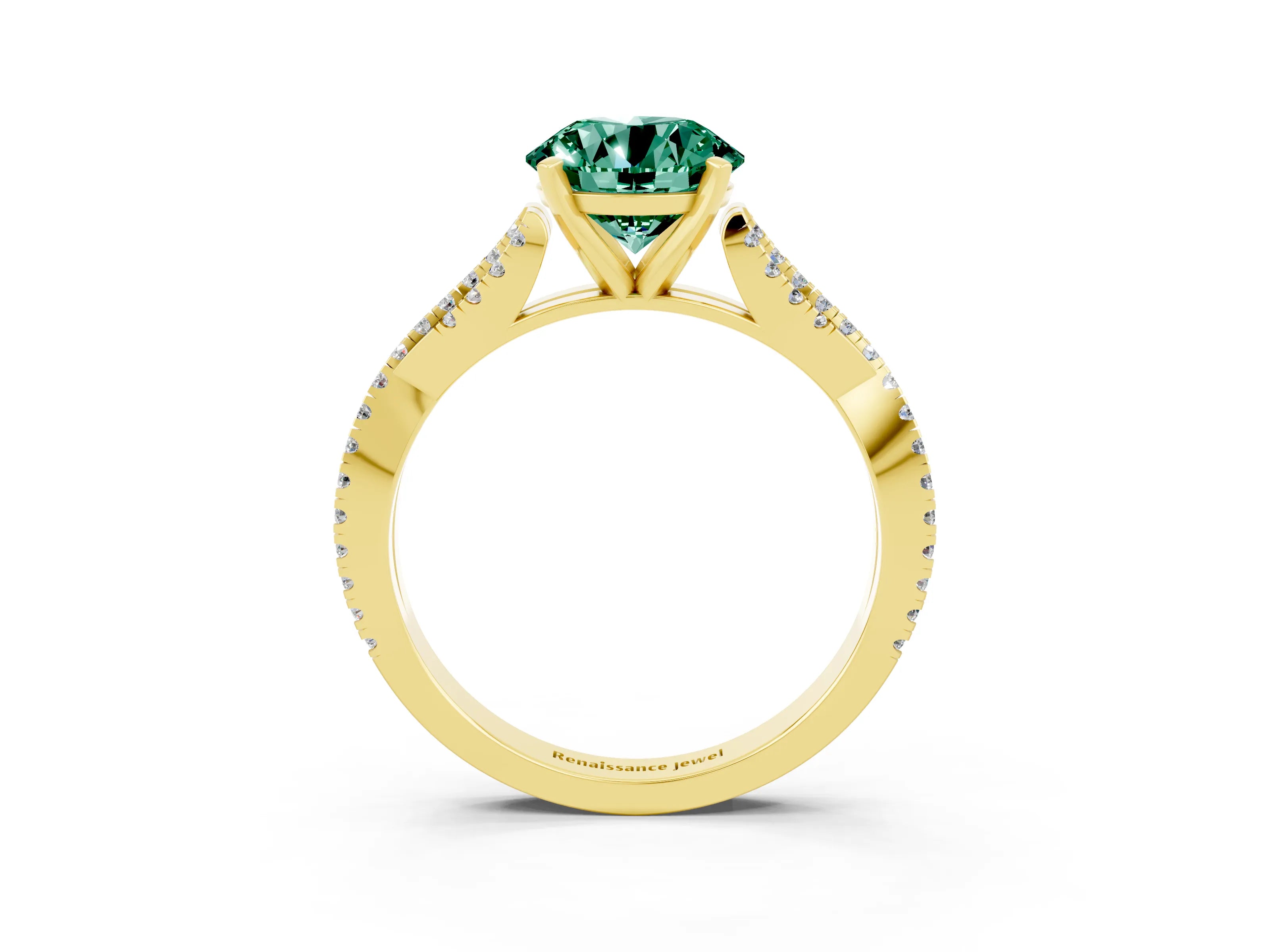 Yellow gold Round Cut Green Sapphire Solitaire Engagement Ring with Twisted Pavé Band and Four-Prong Setting_15