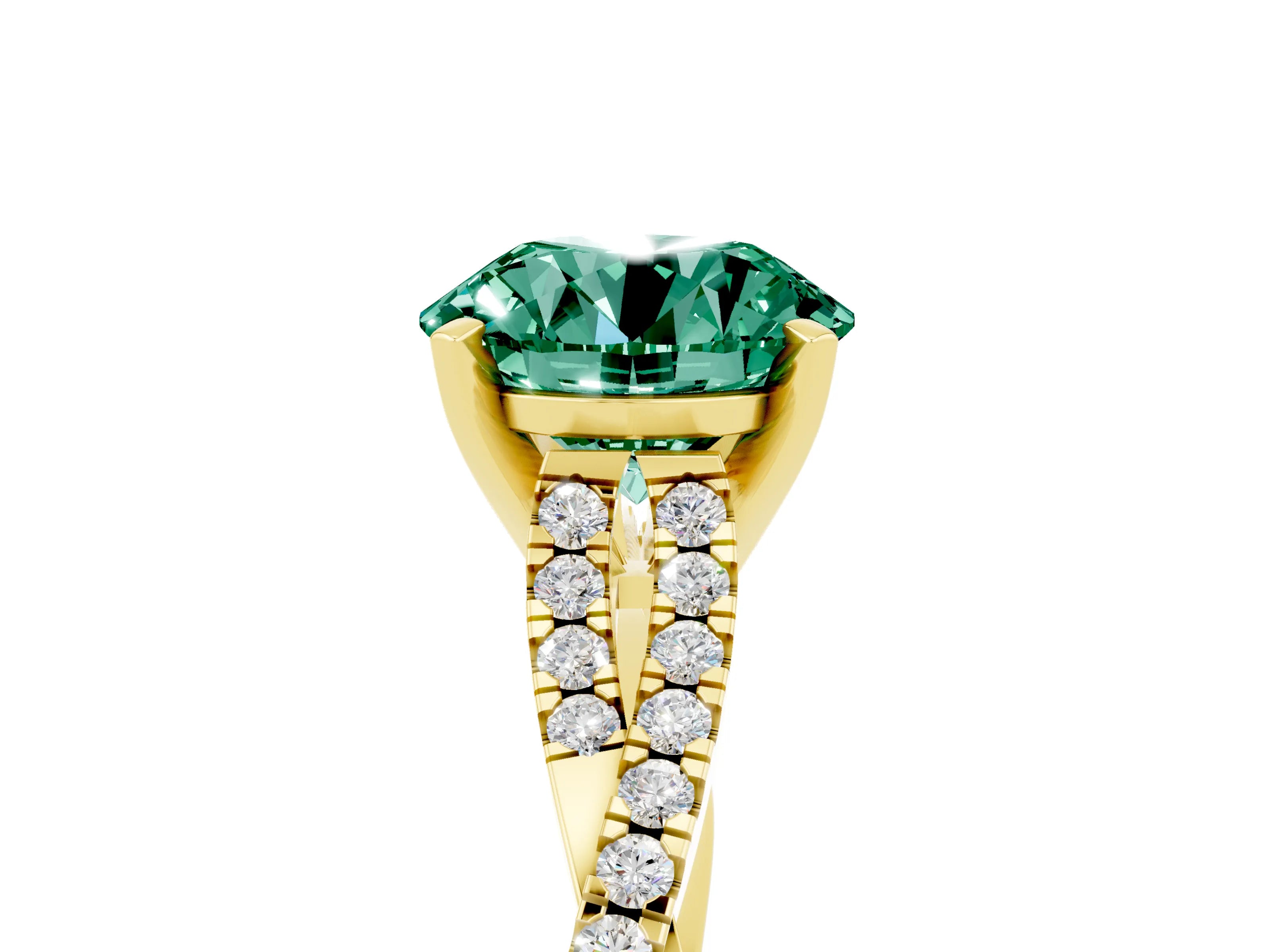 Yellow gold Round Cut Green Sapphire Solitaire Engagement Ring with Twisted Pavé Band and Four-Prong Setting_17