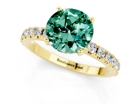 Yellow gold Round Cut Green Sapphire Solitaire Pavé Band with Four-Prong Setting_1
