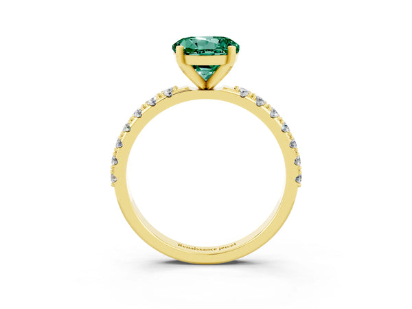 Yellow gold Round Cut Green Sapphire Solitaire Pavé Band with Four-Prong Setting