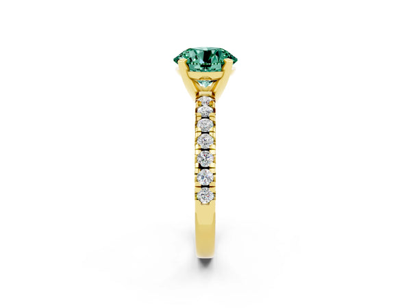 Yellow gold Round Cut Green Sapphire Solitaire Pavé Engagement Ring with Round Band and Prong Setting