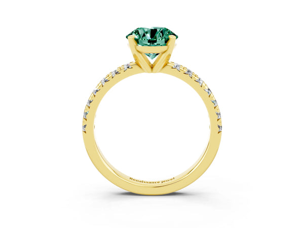 Yellow gold Round Cut Green Sapphire Solitaire Pavé Engagement Ring with Round Band and Prong Setting