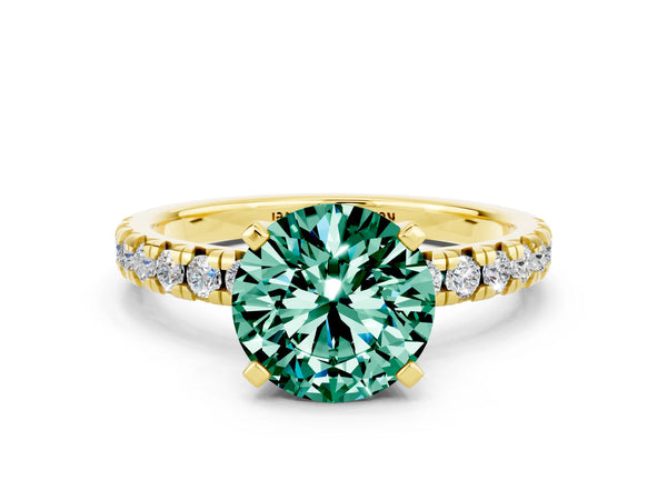 Yellow gold Round Cut Green Sapphire Solitaire Pavé Engagement Ring with Round Band and Prong Setting