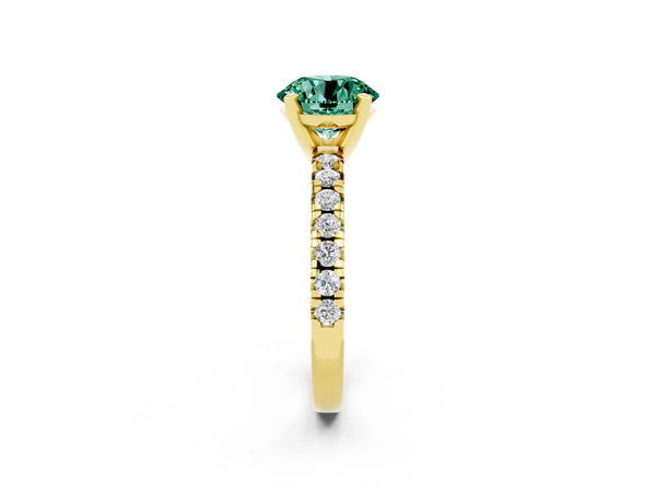 Yellow gold Round Cut Green Sapphire Solitaire Pavé Engagement Ring with Round Band and Prong Setting