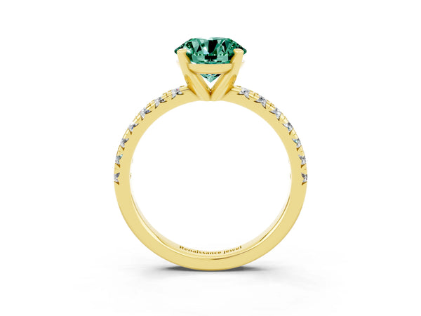 Yellow gold Round Cut Green Sapphire Solitaire Pavé Engagement Ring with Round Band and Prong Setting