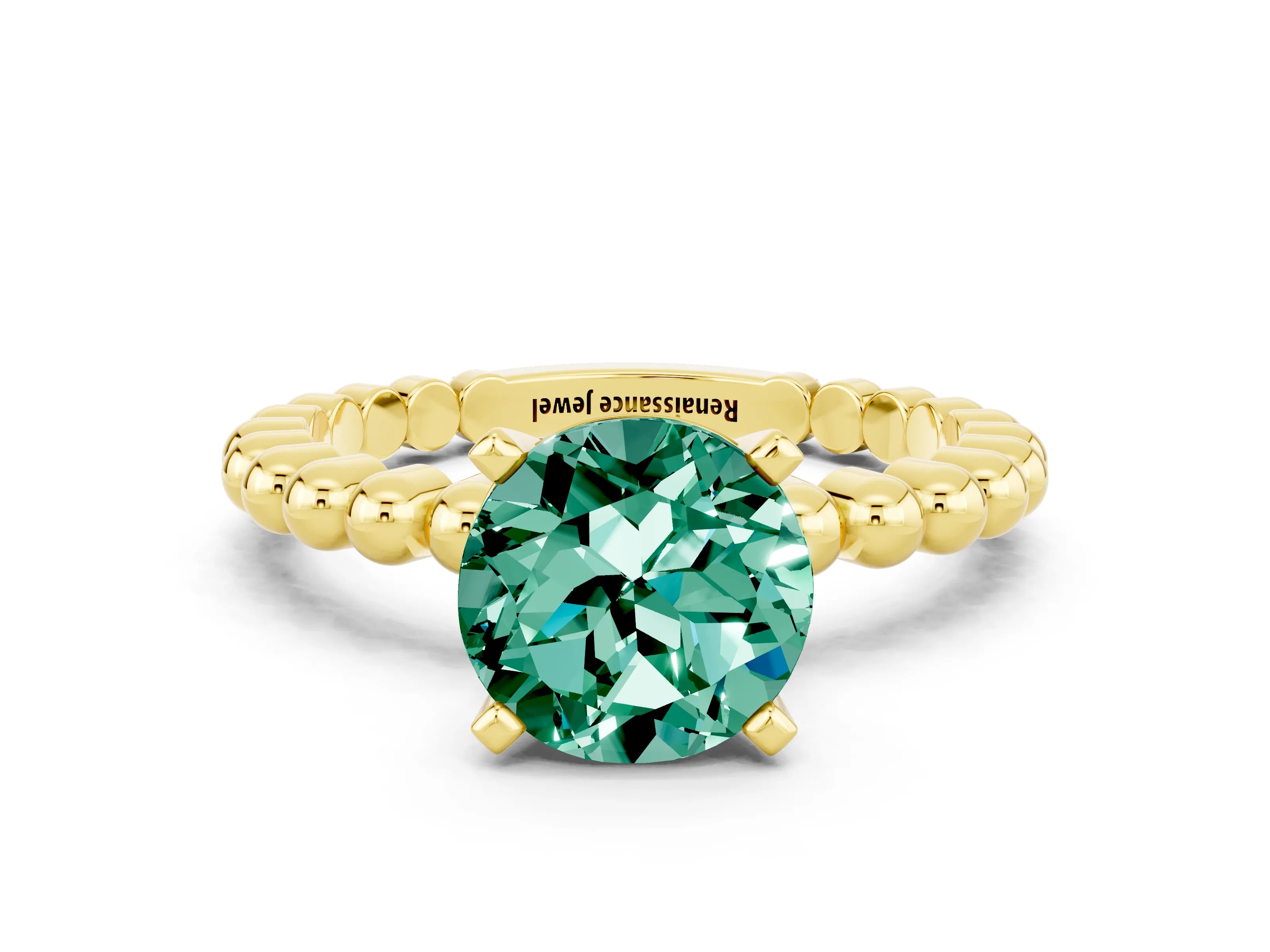 Yellow gold Round Cut Green Sapphire Solitaire Ring with Beaded Band and Prong Setting