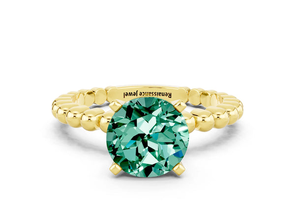 Yellow gold Round Cut Green Sapphire Solitaire Ring with Beaded Band and Prong Setting