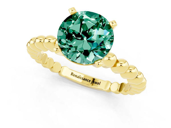 Yellow gold Round Cut Green Sapphire Solitaire Ring with Beaded Band and Prong Setting