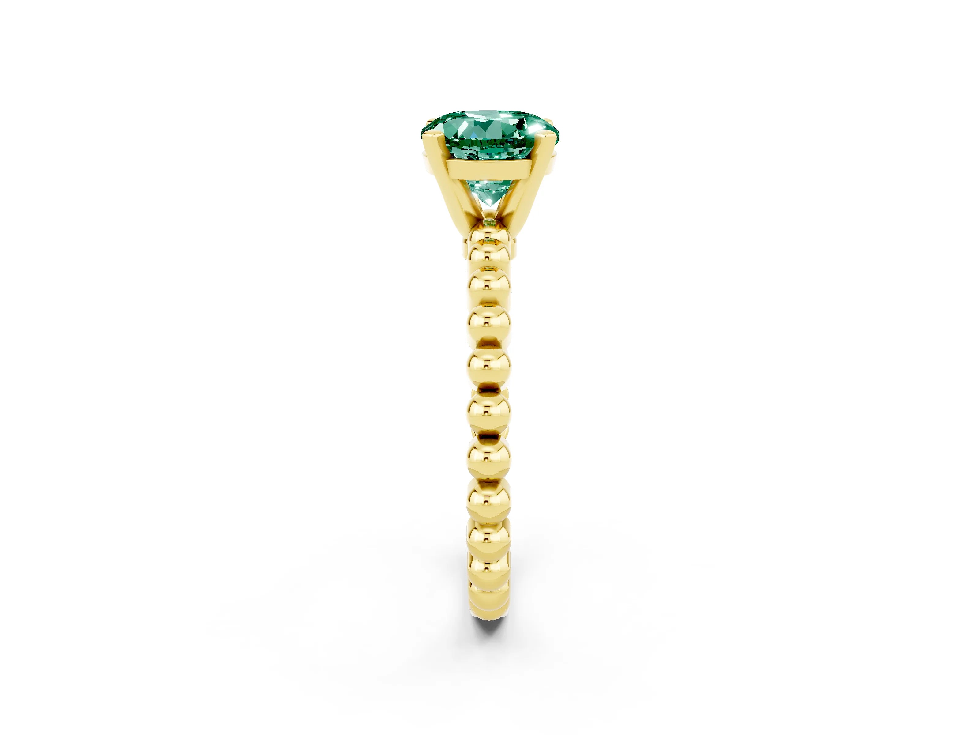 Yellow gold Round Cut Green Sapphire Solitaire Ring with Beaded Band and Prong Setting_2