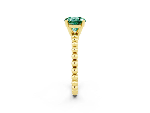 Yellow gold Round Cut Green Sapphire Solitaire Ring with Beaded Band and Prong Setting