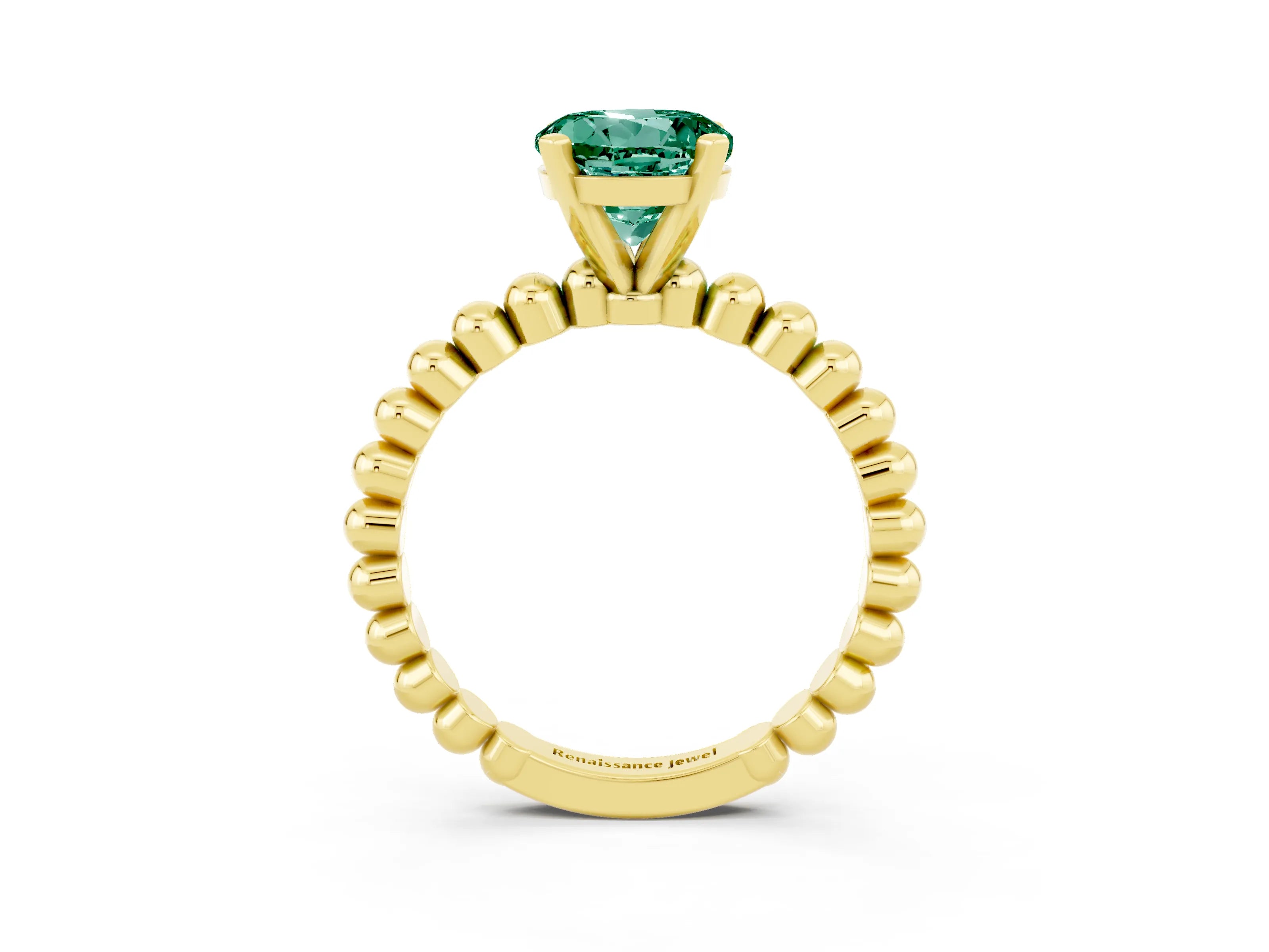 Yellow gold Round Cut Green Sapphire Solitaire Ring with Beaded Band and Prong Setting_3