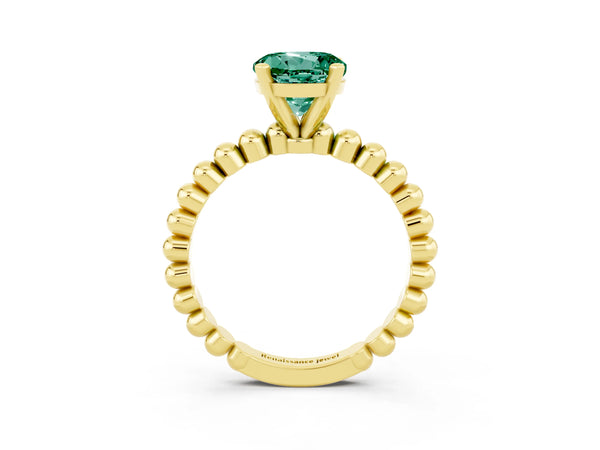 Yellow gold Round Cut Green Sapphire Solitaire Ring with Beaded Band and Prong Setting