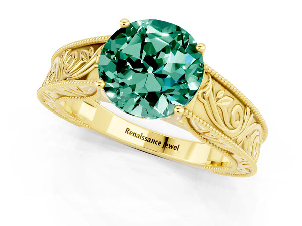 Yellow gold Round Cut Green Sapphire Solitaire Ring with Engraved Band and Four-Prong Setting
