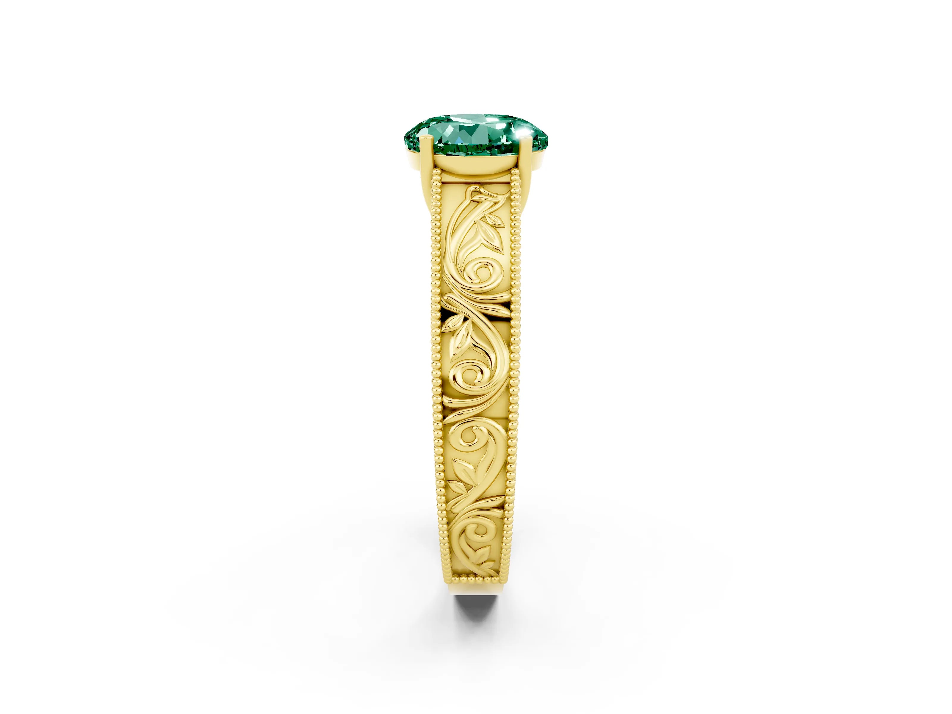 Yellow gold Round Cut Green Sapphire Solitaire Ring with Engraved Band and Four-Prong Setting_2