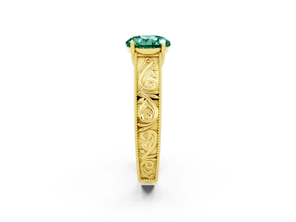 Yellow gold Round Cut Green Sapphire Solitaire Ring with Engraved Band and Four-Prong Setting