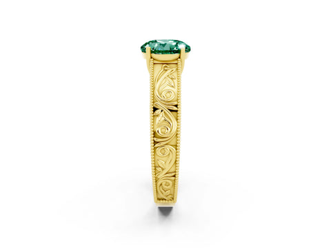 Yellow gold Round Cut Green Sapphire Solitaire Ring with Engraved Band and Four-Prong Setting_2