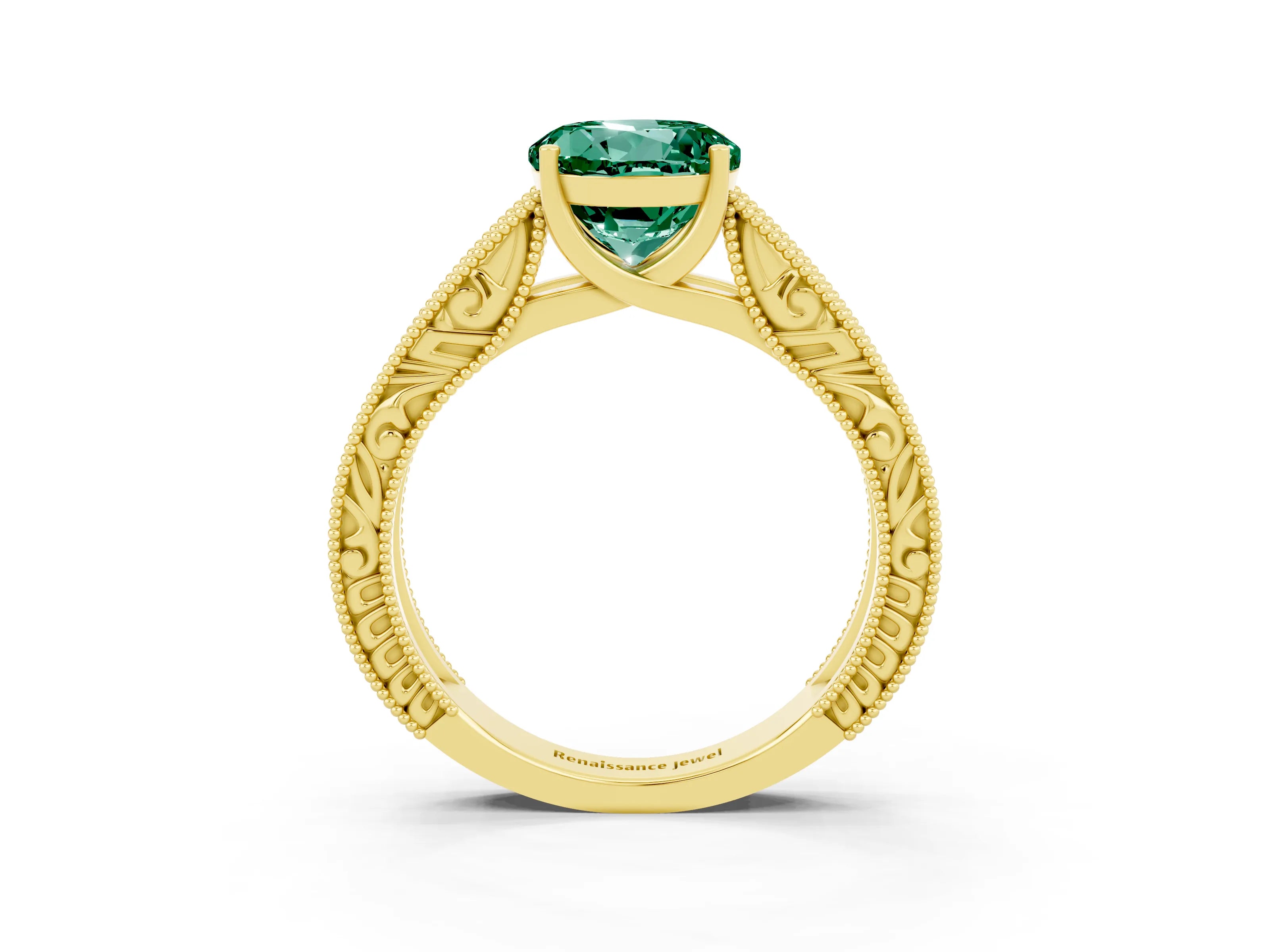 Yellow gold Round Cut Green Sapphire Solitaire Ring with Engraved Band and Four-Prong Setting_3