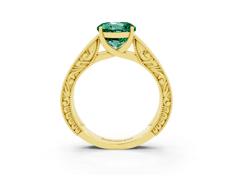 Yellow gold Round Cut Green Sapphire Solitaire Ring with Engraved Band and Four-Prong Setting_3