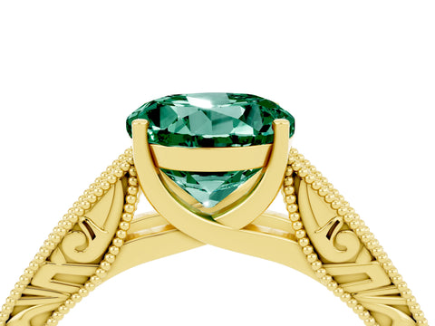 Yellow gold Round Cut Green Sapphire Solitaire Ring with Engraved Band and Four-Prong Setting_4