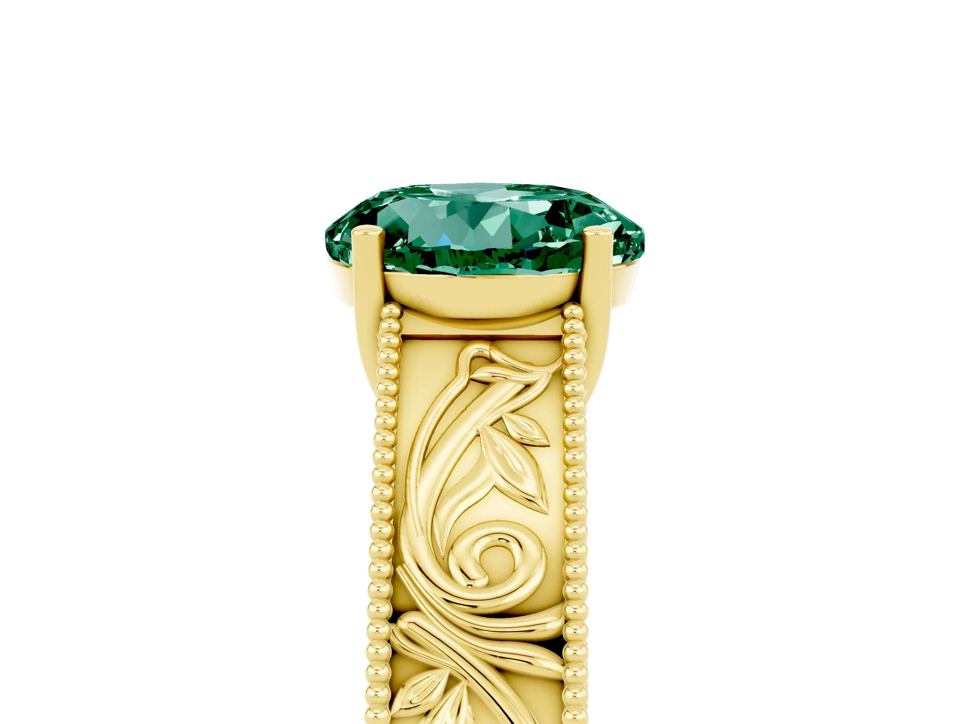 Yellow gold Round Cut Green Sapphire Solitaire Ring with Engraved Band and Four-Prong Setting_5