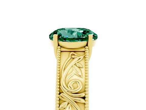 Yellow gold Round Cut Green Sapphire Solitaire Ring with Engraved Band and Four-Prong Setting_5