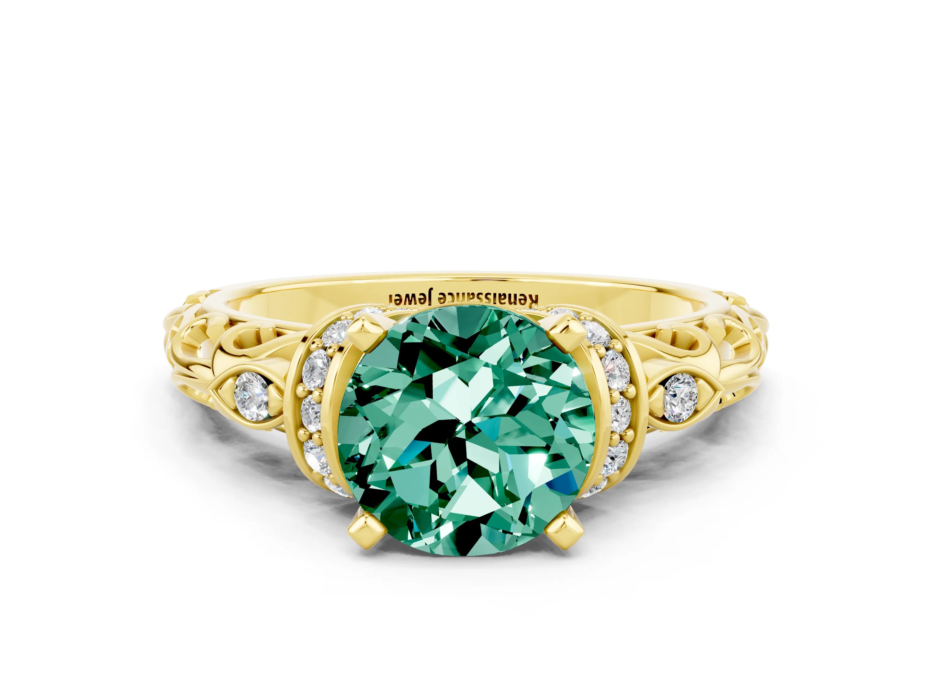 Yellow gold Round Cut Green Sapphire Solitaire Ring with Filigree Band and Four-Prong Setting_24