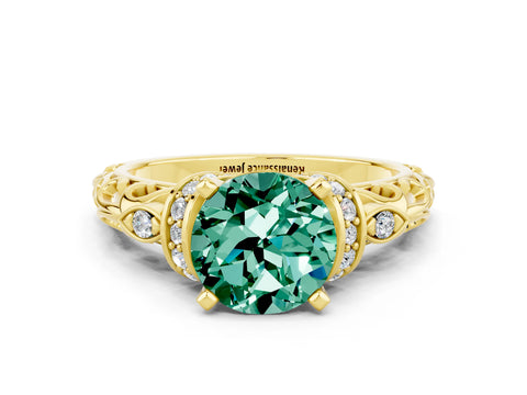 Yellow gold Round Cut Green Sapphire Solitaire Ring with Filigree Band and Four-Prong Setting_24