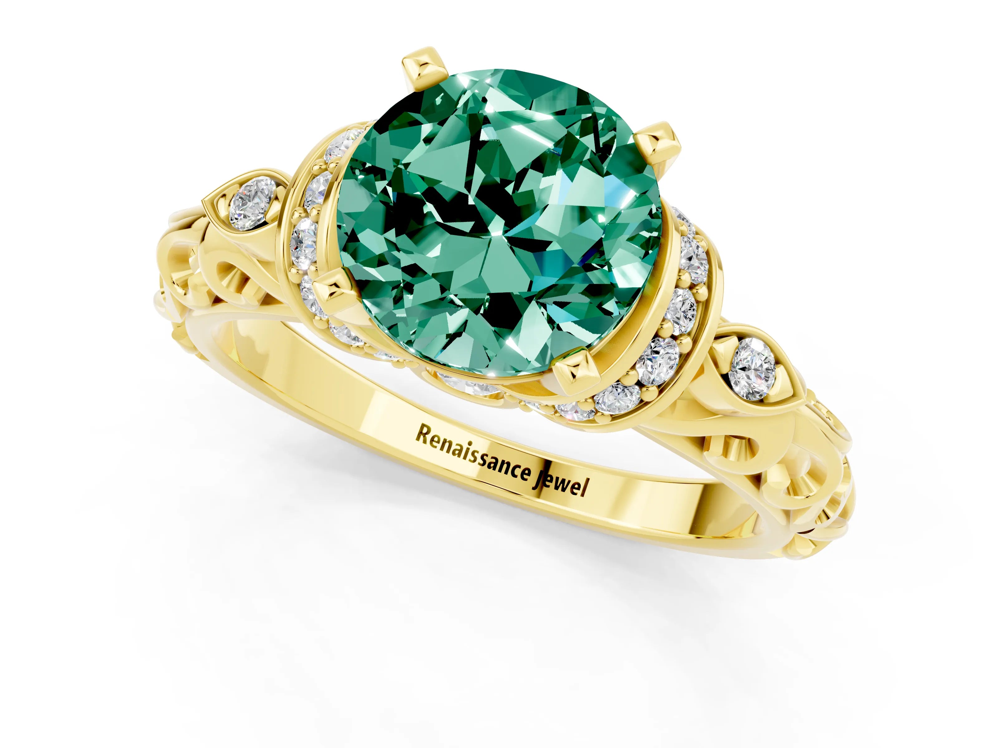 Yellow gold Round Cut Green Sapphire Solitaire Ring with Filigree Band and Four-Prong Setting_25