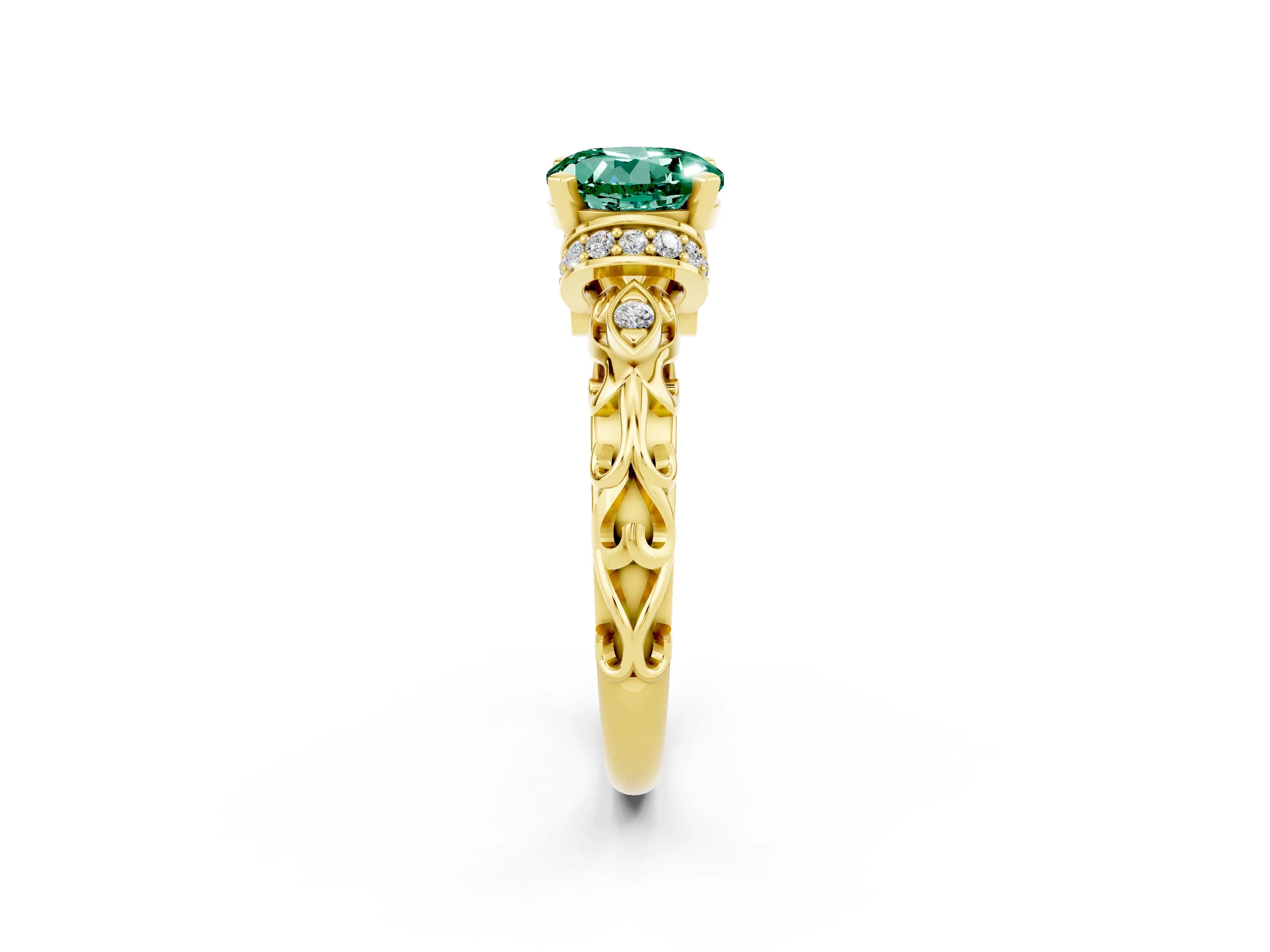 Yellow gold Round Cut Green Sapphire Solitaire Ring with Filigree Band and Four-Prong Setting_26