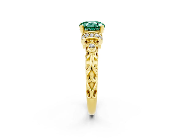 Yellow gold Round Cut Green Sapphire Solitaire Ring with Filigree Band and Four-Prong Setting