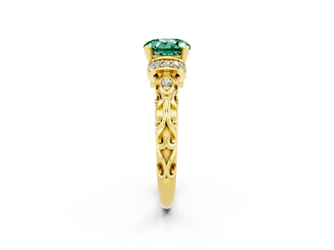 Yellow gold Round Cut Green Sapphire Solitaire Ring with Filigree Band and Four-Prong Setting_26