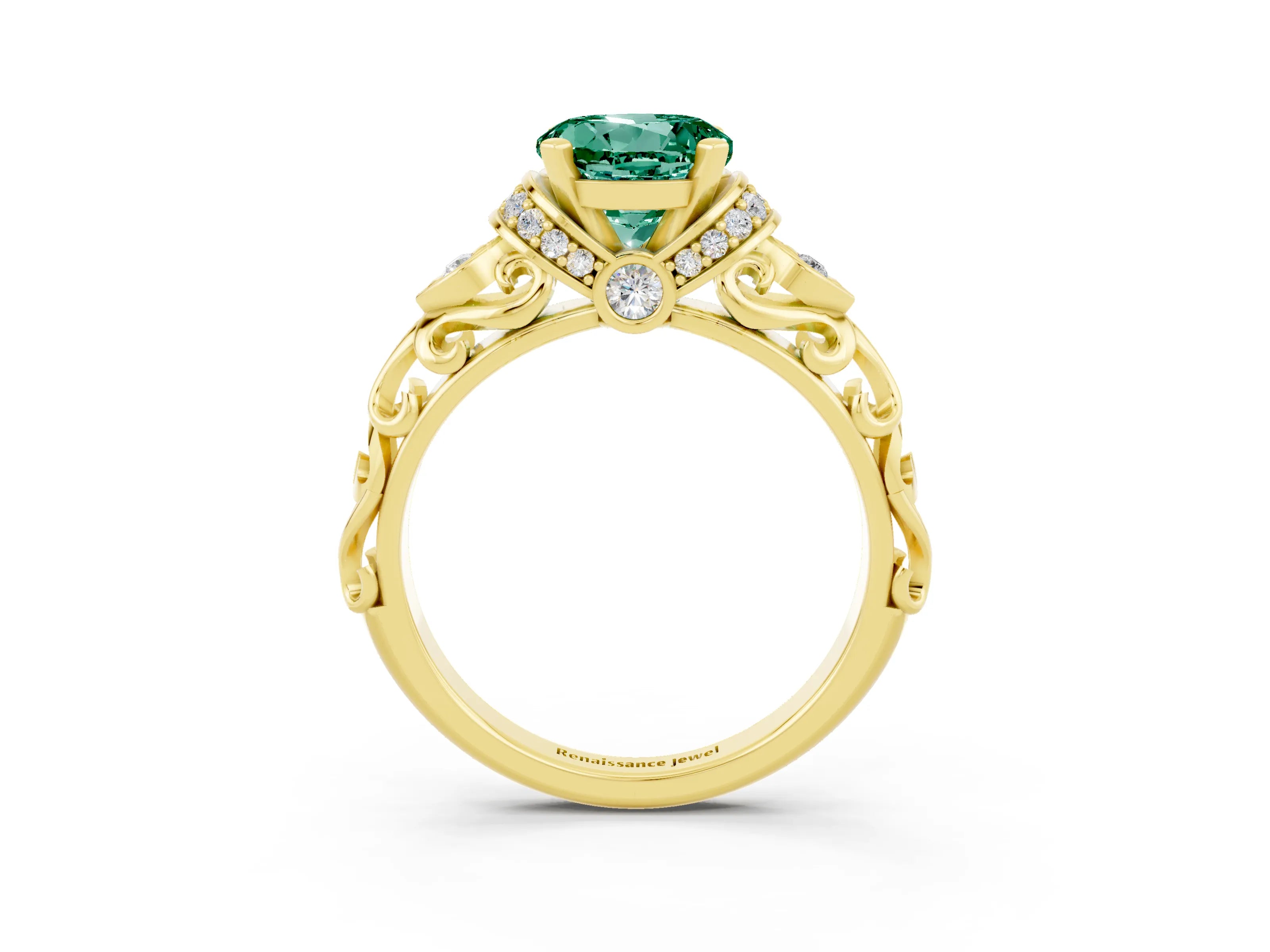 Yellow gold Round Cut Green Sapphire Solitaire Ring with Filigree Band and Four-Prong Setting_27