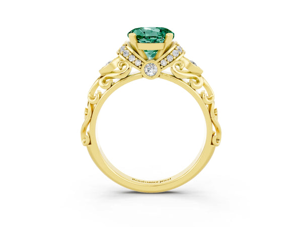 Yellow gold Round Cut Green Sapphire Solitaire Ring with Filigree Band and Four-Prong Setting