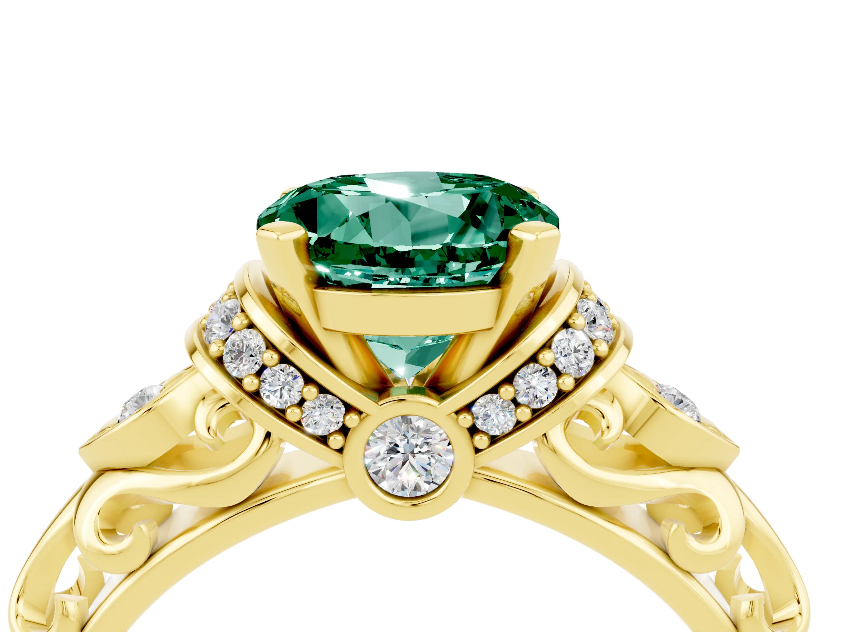 Yellow gold Round Cut Green Sapphire Solitaire Ring with Filigree Band and Four-Prong Setting_28